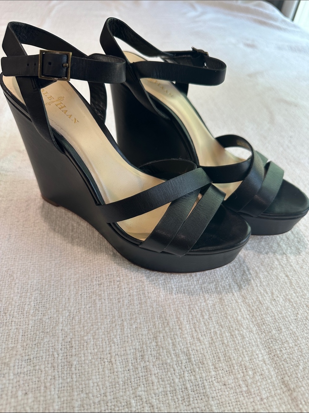 Cole Haan Black Leather Wedge Sandals with Ankle Strap